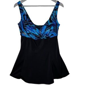 Longitude Skirted Swim Dress Size 10 Black Blue Print Long Torso Straight Back